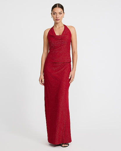 Metallic Cowl Halter Neck Sleeveless Maxi Dress