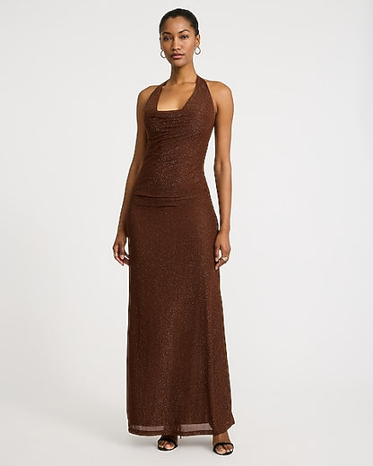 Metallic Cowl Halter Neck Sleeveless Maxi Dress