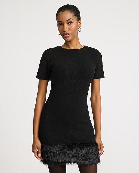 Faux Fur Hem Mini Sweater Dress