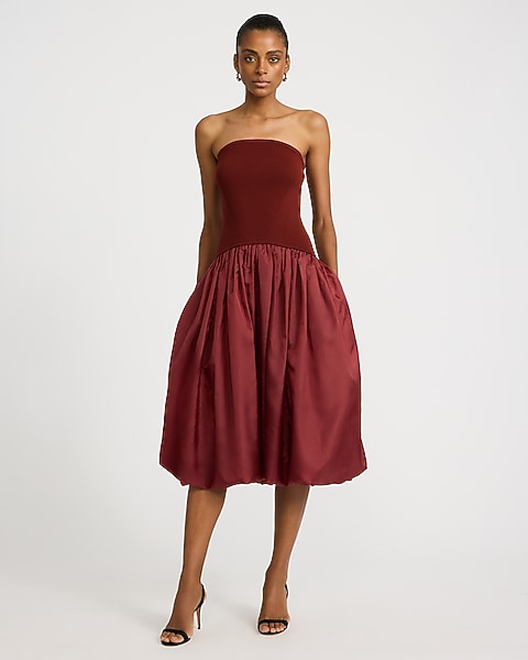 Mixed Media Strapless Drop Waist Bubble Hem Midi Dress with Pockets - Reddish Brown