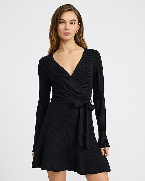 Ribbed V-Neck Surplice Tie Waist Mini Sweater Dress