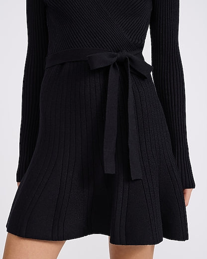 Ribbed V-Neck Surplice Tie Waist Mini Sweater Dress