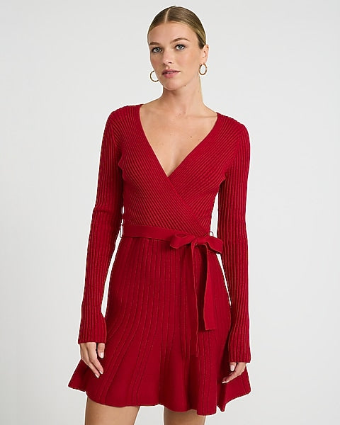 Ribbed V-Neck Surplice Tie Waist Mini Sweater Dress