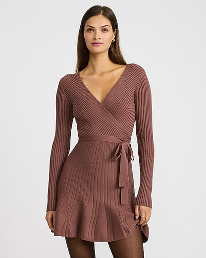 Ribbed V-Neck Surplice Tie Waist Mini Sweater Dress