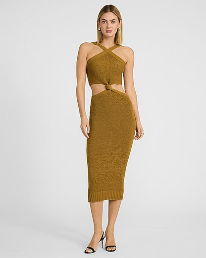 Halter Cutout Knot Front Midi Sweater Dress