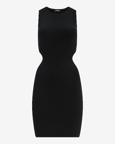 Ribbed Crew Neck Side Cutout Mini Sweater Dress