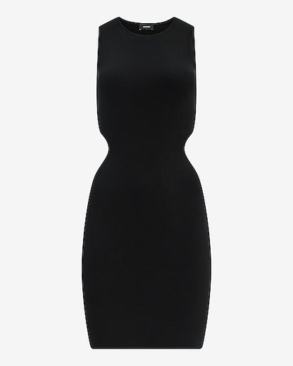 Ribbed Crew Neck Side Cutout Mini Sweater Dress