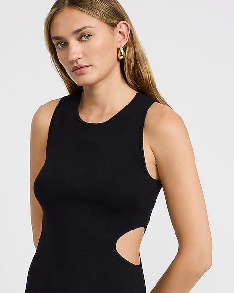 Ribbed Crew Neck Side Cutout Mini Sweater Dress