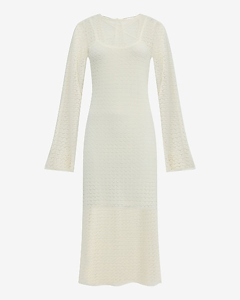 Pointelle Crew Neck Long Sleeve Lace Up Midi Sheath Dress - Ivory