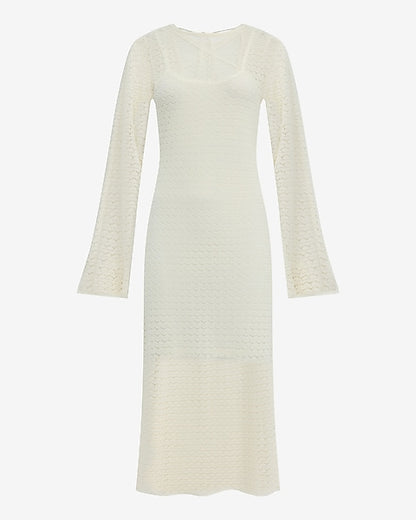 Pointelle Crew Neck Long Sleeve Lace Up Midi Sheath Dress - Ivory