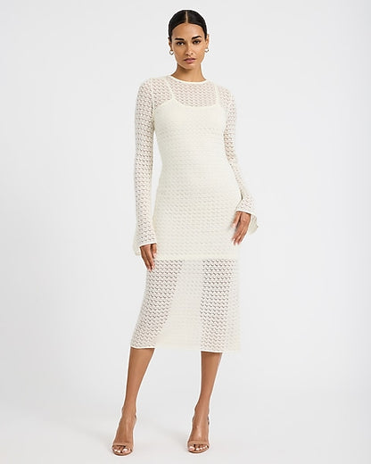 Pointelle Crew Neck Long Sleeve Lace Up Midi Sheath Dress - Ivory