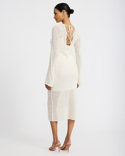 Pointelle Crew Neck Long Sleeve Lace Up Midi Sheath Dress - Ivory