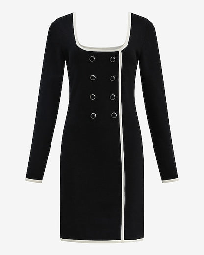 Tipped Scoop Neck Long Sleeve Mini Sweater Dress in Airy Soft - Pitch Black