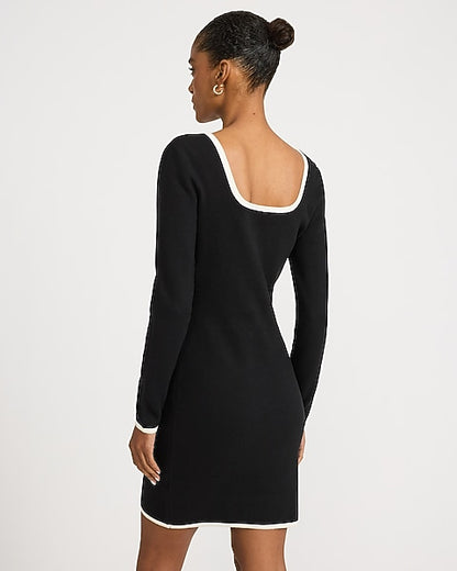 Tipped Scoop Neck Long Sleeve Mini Sweater Dress in Airy Soft - Pitch Black
