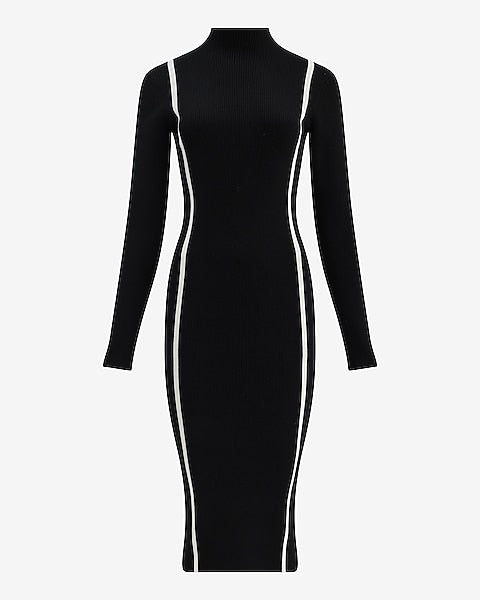 Color Block Mock Neck Long Sleeve Midi Sweater Dress in Airy Soft - B&W Print
