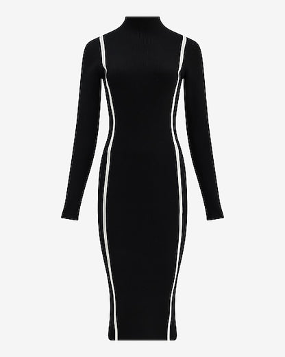 Color Block Mock Neck Long Sleeve Midi Sweater Dress in Airy Soft - B&W Print