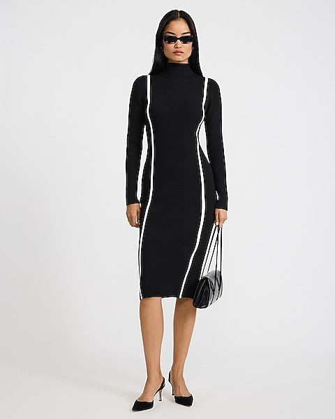 Color Block Mock Neck Long Sleeve Midi Sweater Dress in Airy Soft - B&W Print