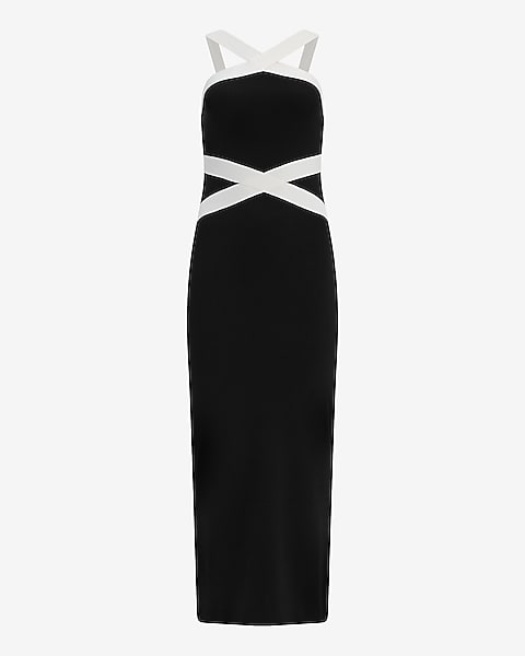 Color Block Halter Maxi Sheath Sweater Dress - Pitch Black