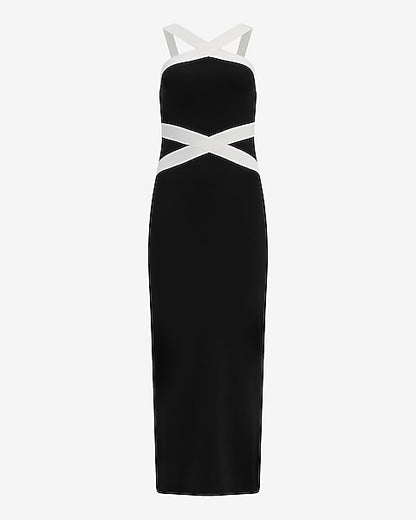 Color Block Halter Maxi Sheath Sweater Dress - Pitch Black