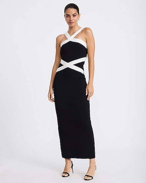 Color Block Halter Maxi Sheath Sweater Dress - Pitch Black