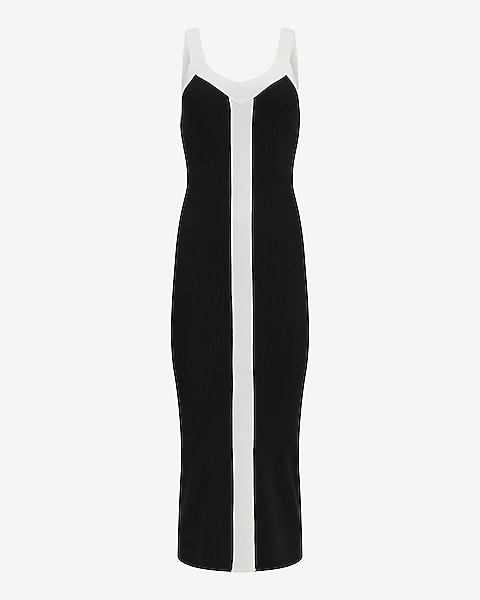Color Block V-Neck Midi Sheath Sweater Dress - Pitch Black