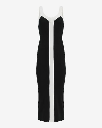 Color Block V-Neck Midi Sheath Sweater Dress - Pitch Black