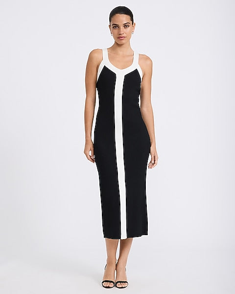 Color Block V-Neck Midi Sheath Sweater Dress - Pitch Black