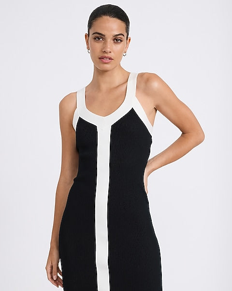 Color Block V-Neck Midi Sheath Sweater Dress - Pitch Black