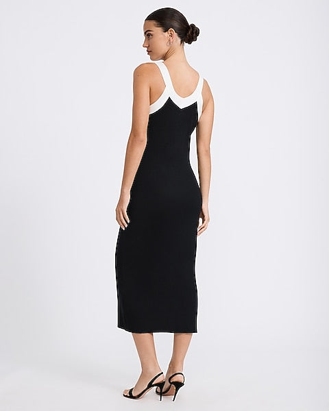 Color Block V-Neck Midi Sheath Sweater Dress - Pitch Black