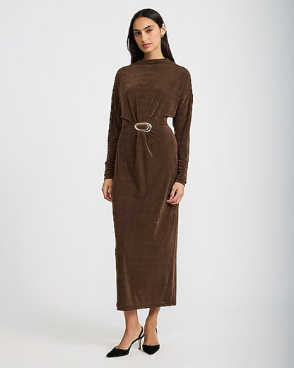Mock Neck Long Sleeve Ruched Hardware Maxi Dress - CHOCOLATE TRUFFLE
