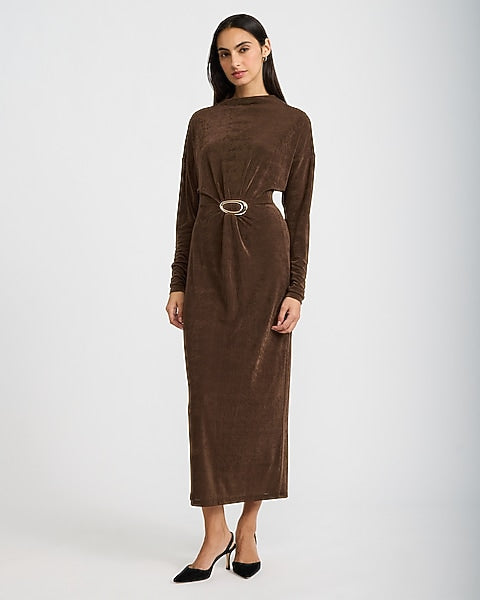 Mock Neck Long Sleeve Ruched Hardware Maxi Dress - CHOCOLATE TRUFFLE