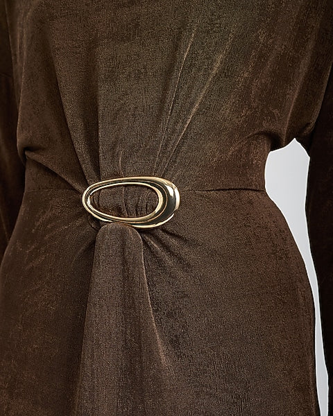 Mock Neck Long Sleeve Ruched Hardware Maxi Dress - CHOCOLATE TRUFFLE