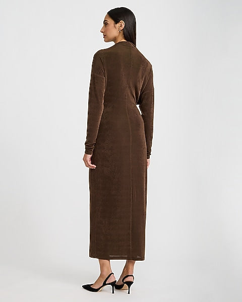 Mock Neck Long Sleeve Ruched Hardware Maxi Dress - CHOCOLATE TRUFFLE