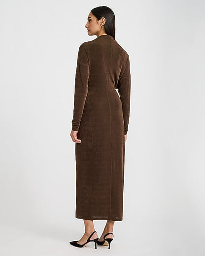 Mock Neck Long Sleeve Ruched Hardware Maxi Dress - CHOCOLATE TRUFFLE