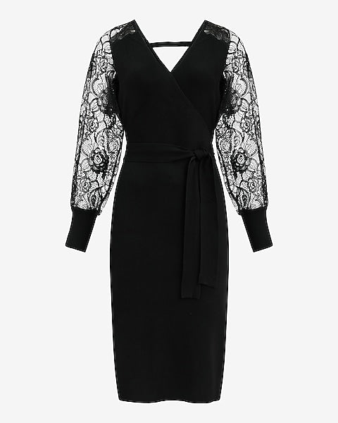 Lace Pieced V-Neck Surplice Tie Waist Midi Sweater Dress