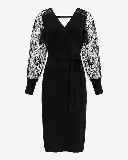 Lace Pieced V-Neck Surplice Tie Waist Midi Sweater Dress