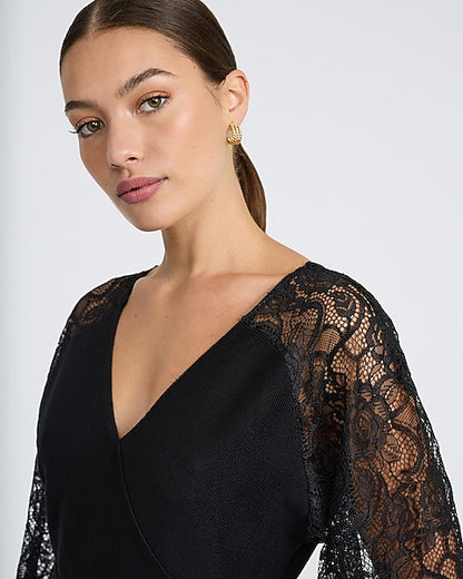 Lace Pieced V-Neck Surplice Tie Waist Midi Sweater Dress