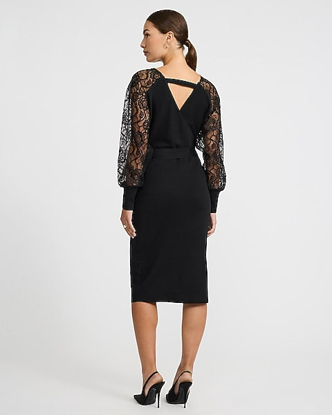 Lace Pieced V-Neck Surplice Tie Waist Midi Sweater Dress