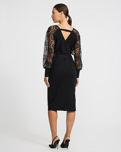 Lace Pieced V-Neck Surplice Tie Waist Midi Sweater Dress