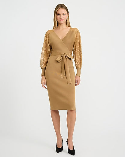 Lace Pieced V-Neck Surplice Tie Waist Midi Sweater Dress