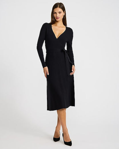 Ribbed V-Neck Tie Waist Surplice Midi Sweater Dress