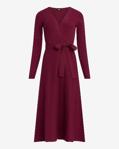 Ribbed V-Neck Tie Waist Surplice Midi Sweater Dress
