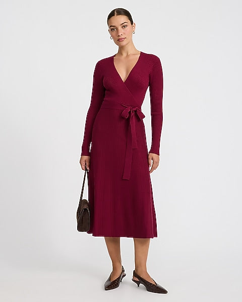 Ribbed V-Neck Tie Waist Surplice Midi Sweater Dress