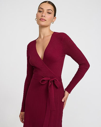 Ribbed V-Neck Tie Waist Surplice Midi Sweater Dress