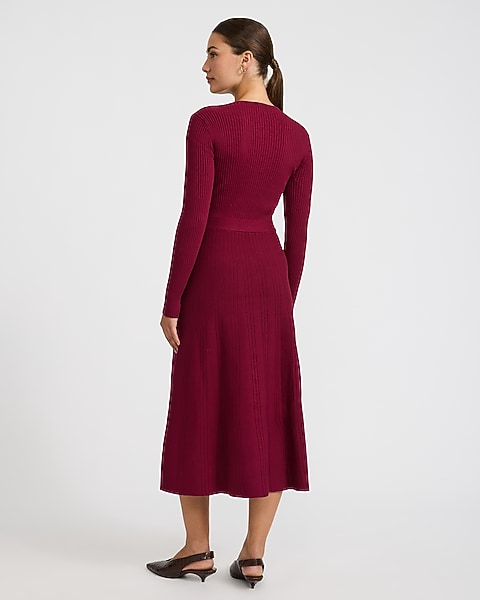 Ribbed V-Neck Tie Waist Surplice Midi Sweater Dress