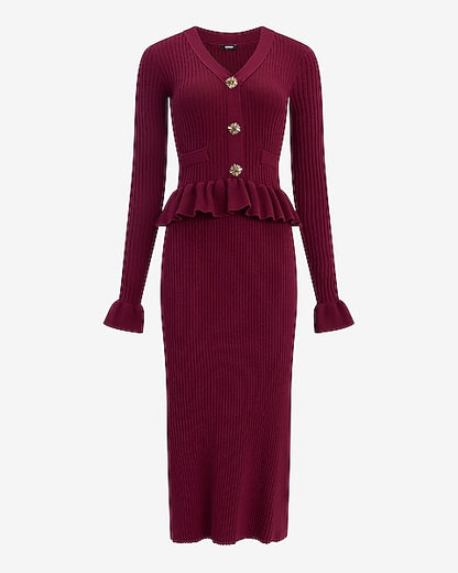 Ribbed V-Neck Novelty Button Peplum Maxi Sweater Dress