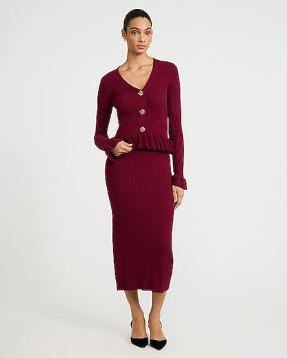 Ribbed V-Neck Novelty Button Peplum Maxi Sweater Dress