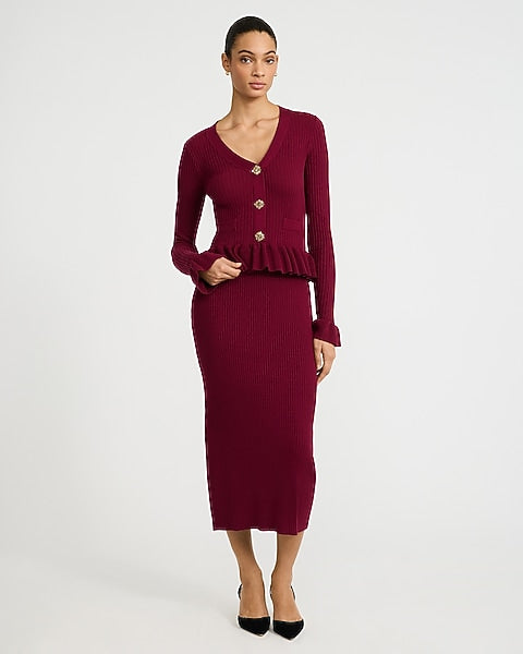 Ribbed V-Neck Novelty Button Peplum Maxi Sweater Dress