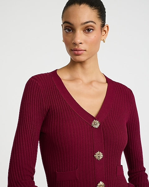 Ribbed V-Neck Novelty Button Peplum Maxi Sweater Dress