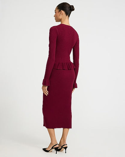 Ribbed V-Neck Novelty Button Peplum Maxi Sweater Dress